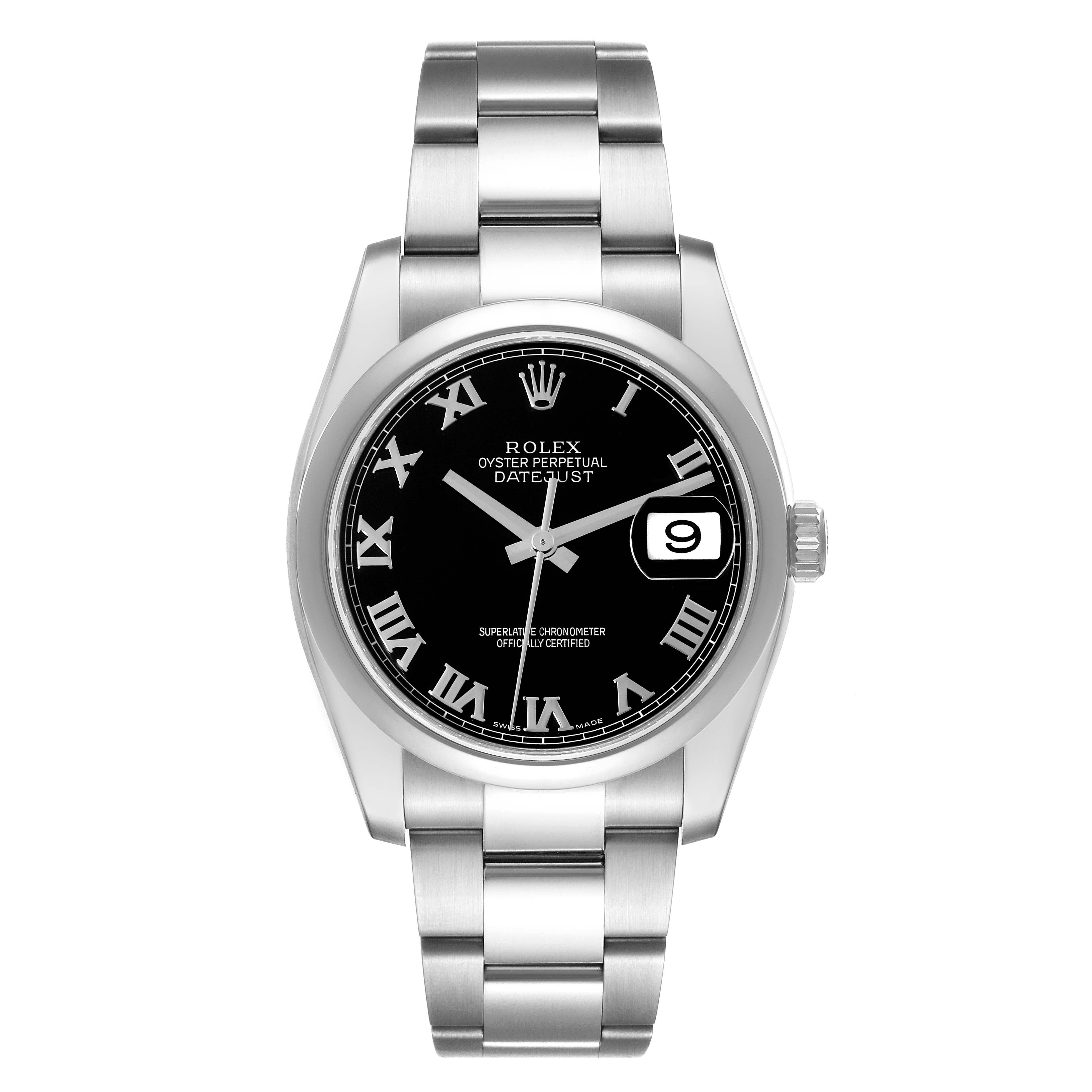 Rolex Datejust Black Roman Dial Steel Mens Watch 116200. Officially certified chronometer automatic self-winding movement with quickset date. Stainless steel case 36.0 mm in diameter. High polished lugs. Rolex logo on the crown. Stainless steel