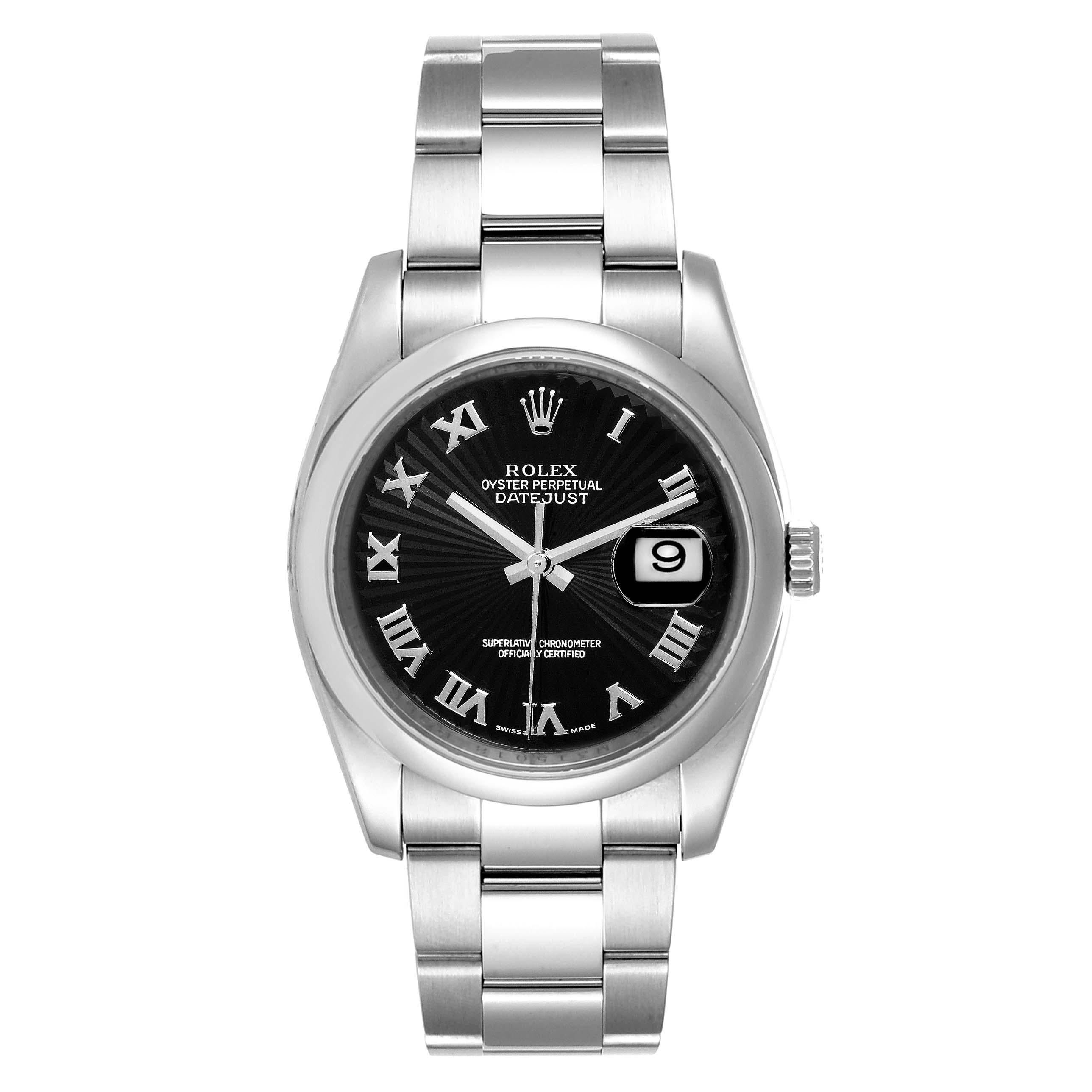 Rolex Datejust Black Sunbeam Dial Oyster Bracelet Steel Mens Watch 116200. Officially certified chronometer self-winding movement with quickset date. Stainless steel case 36.0 mm in diameter. Rolex logo on a crown. Stainless steel smooth domed