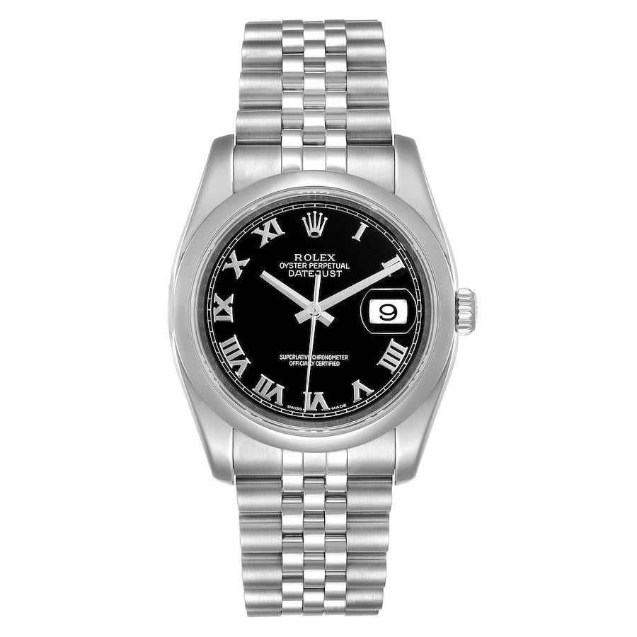 Rolex Datejust Black Sunbeam Dial Steel Mens Watch 116200 Box Papers. Officially certified chronometer self-winding movement with quickset date. Stainless steel case 36.0 mm in diameter. Rolex logo on a crown. Stainless steel smooth domed bezel.