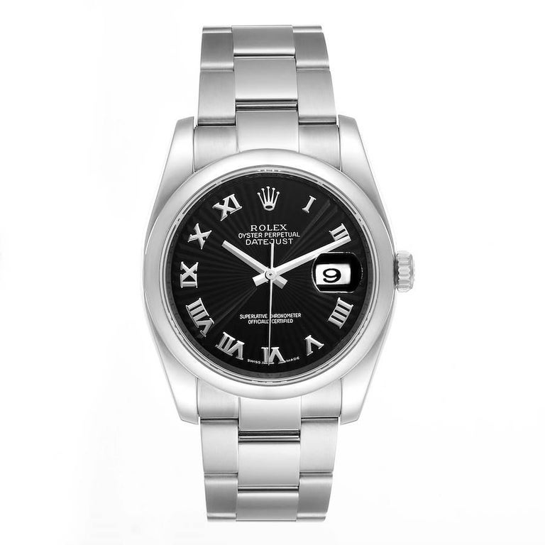 Rolex Datejust Black Sunbeam Roman Dial Steel Mens Watch 116200 For Sale at 1stDibs