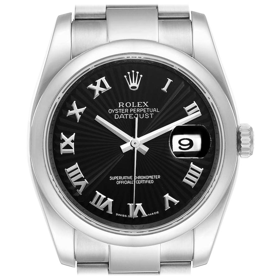 Rolex Datejust Black Sunbeam Roman Dial Steel Mens Watch 116200 For Sale