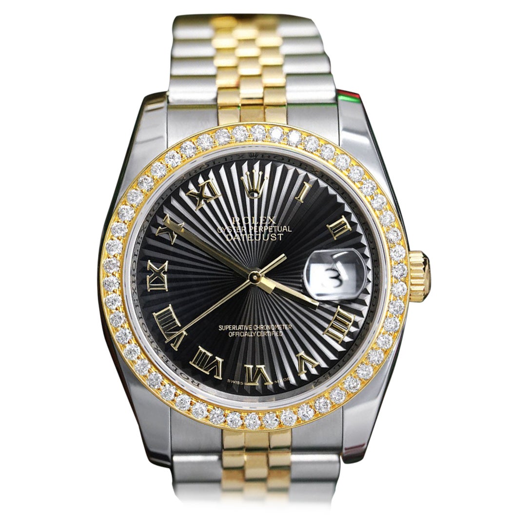 Rolex Datejust Schwarze Sundust Uhr mit römischem Zifferblatt und Diamant-Lünette im Angebot