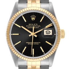 Rolex Datejust Black Tapestry Dial Steel Yellow Gold Vintage Mens Watch 16013