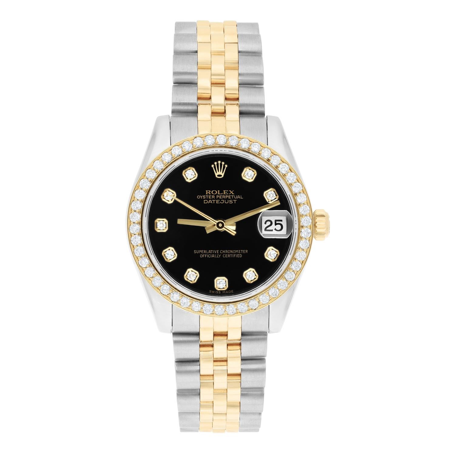 This stunning Rolex Datejust watch is a true luxury piece for any woman. The watch features a beautiful two-tone yellow and silver jubilee band with a folding buckle, a 31mm case size, factory black diamond dial and custom 18K gold plated diamond