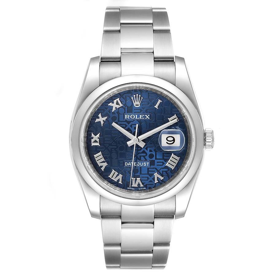 Rolex Datejust Blue Anniversary Dial Steel Mens Watch 116200 Box Papers. Officially certified chronometer self-winding movement. Stainless steel case 36.0 mm in diameter. Rolex logo on a crown. Stainless steel smooth domed bezel. Scratch resistant