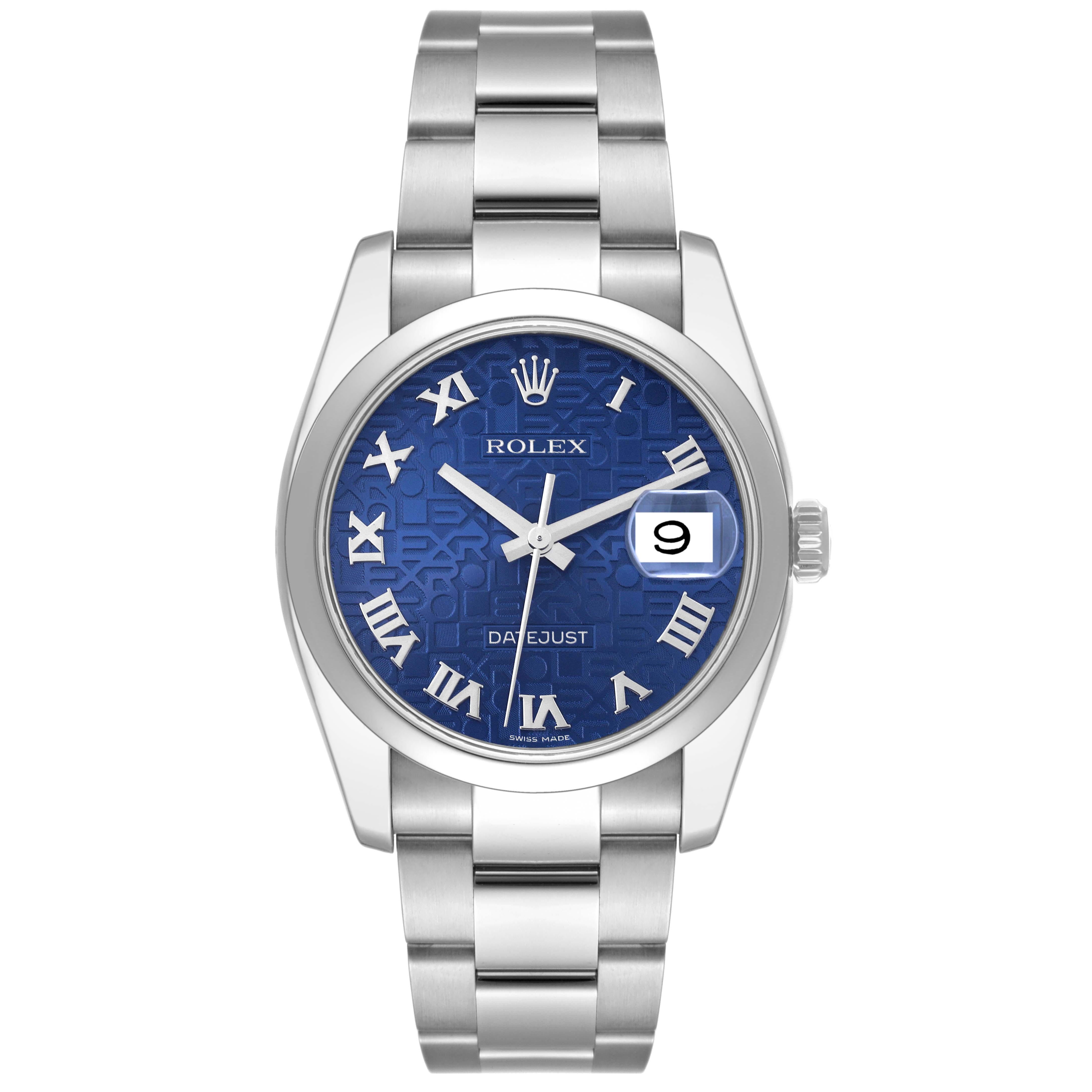 Rolex Datejust Blue Anniversary Dial Steel Mens Watch 116200. Officially certified chronometer self-winding movement. Stainless steel case 36.0 mm in diameter. Rolex logo on a crown. Stainless steel smooth domed bezel. Scratch resistant sapphire