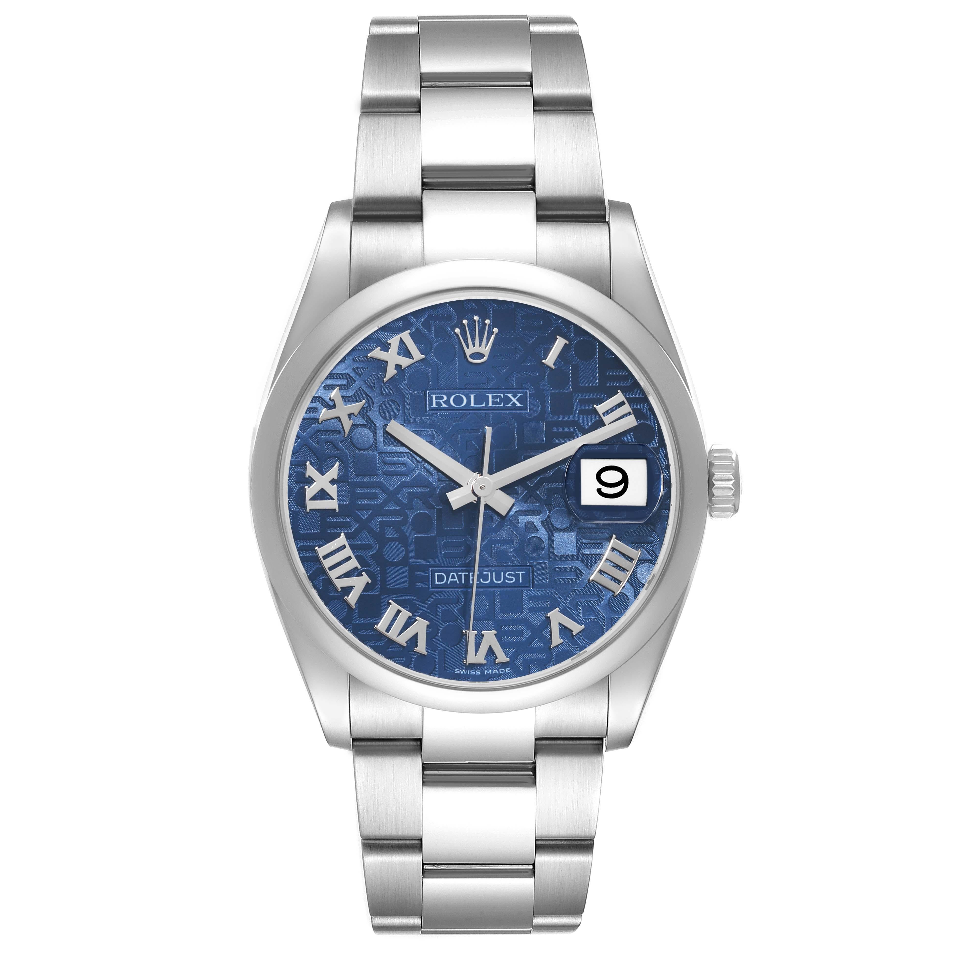 Rolex Datejust Blue Anniversary Dial Steel Mens Watch 116200. Officially certified chronometer self-winding movement. Stainless steel case 36.0 mm in diameter. Rolex logo on a crown. Stainless steel smooth domed bezel. Scratch resistant sapphire