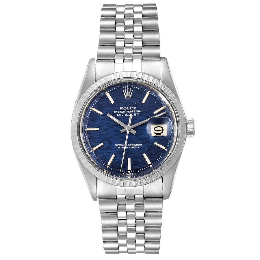 Rolex Datejust Blue Brick Dial Steel Vintage Mens Watch 1603. Officially certified chronometer self-winding movement. Stainless steel oyster case 36.0 mm in diameter. Rolex logo on a crown. Stainless steel engine turned bezel. Acrylic crystal with