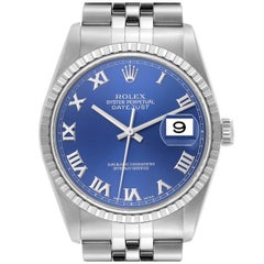 Rolex Datejust Blue Dial Engine Turned Bezel Steel Mens Watch 16220 Box Papers