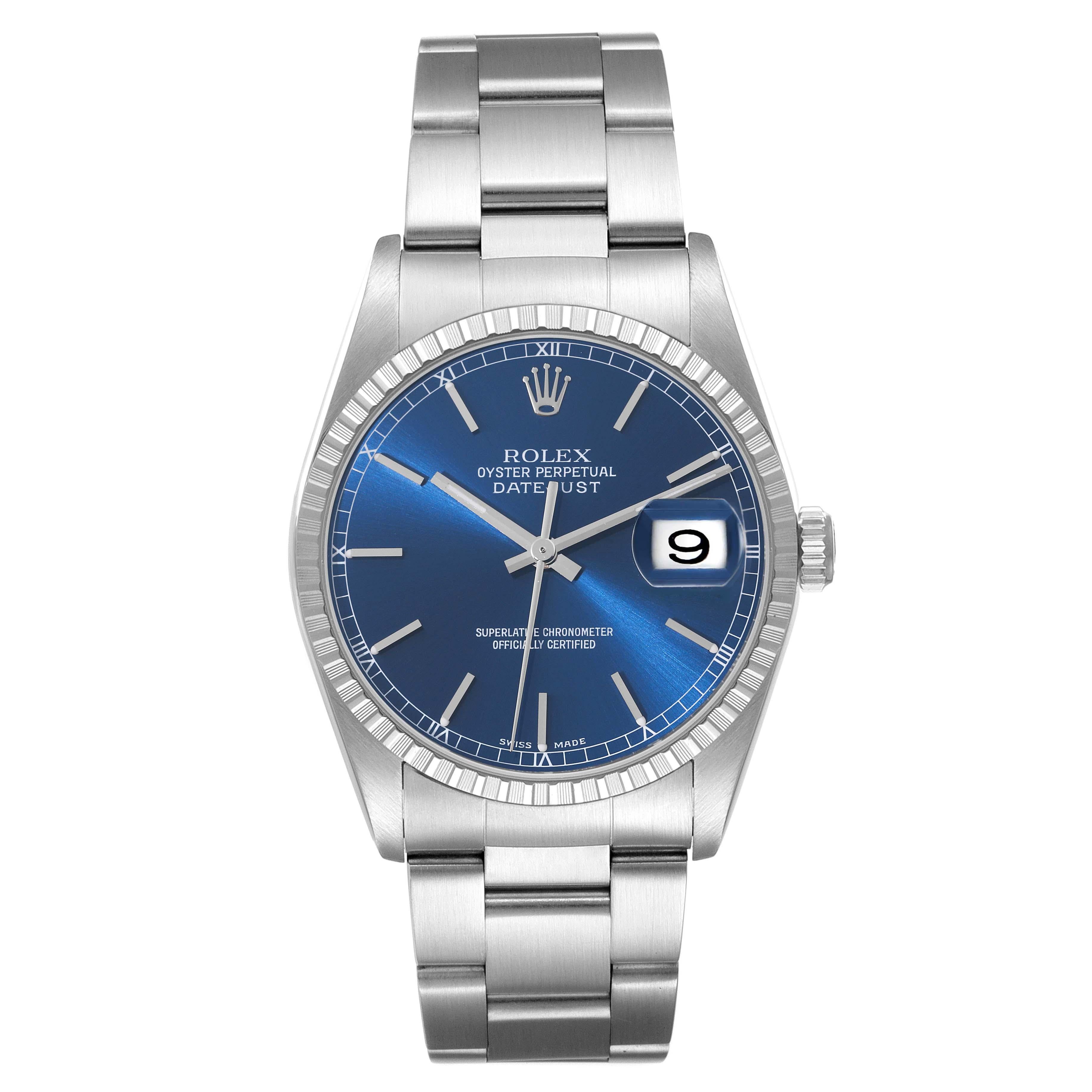 Rolex Datejust Blue Dial Engine Turned Bezel Steel Mens Watch 16220. Officially certified chronometer self-winding movement. Stainless steel oyster case 36.0 mm in diameter. Rolex logo on the crown. Stainless steel engine turned bezel. Scratch