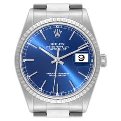 Rolex Datejust Blue Dial Engine Turned Bezel Steel Mens Watch 16220