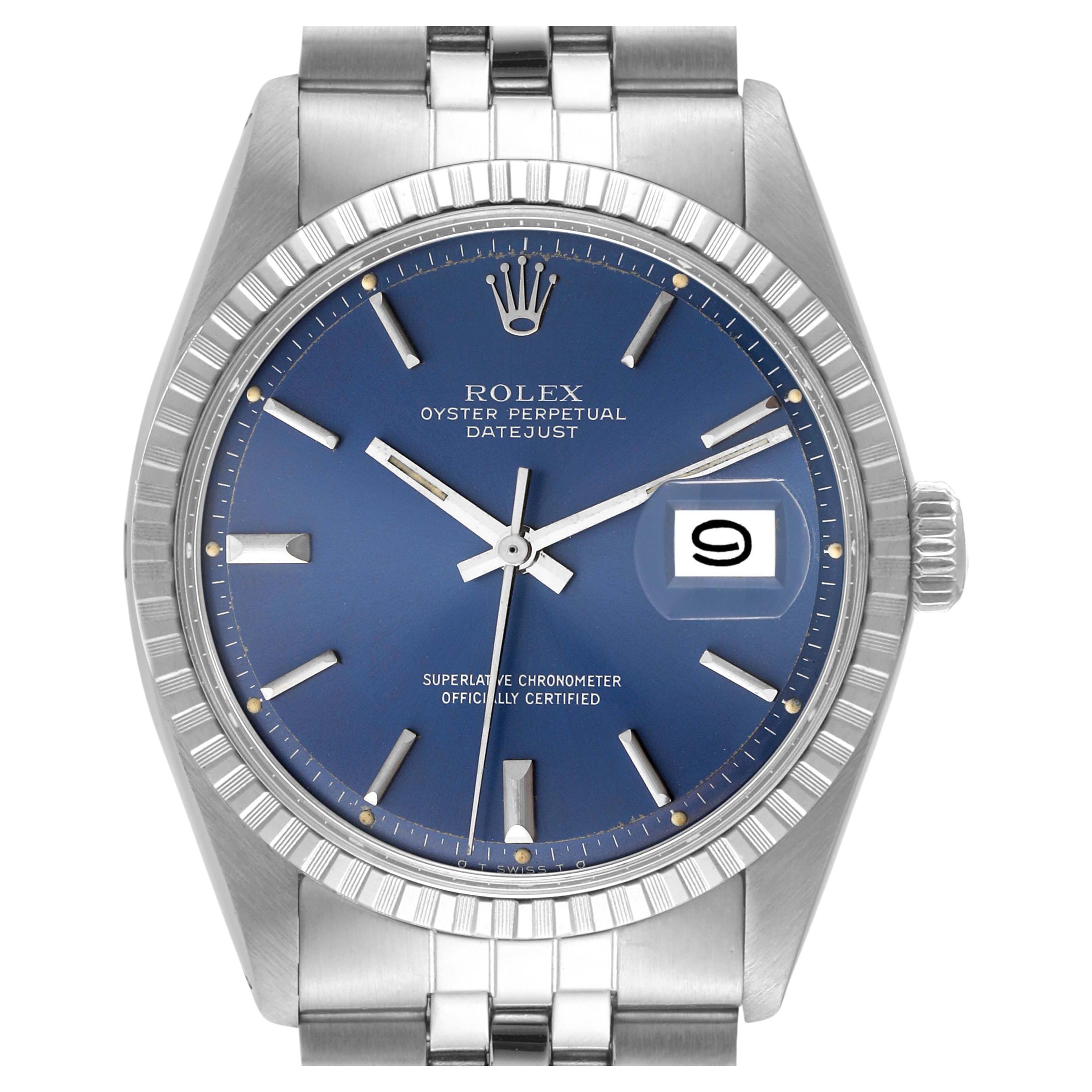 Rolex Datejust Blue Dial Engine Turned Bezel Vintage Steel Mens