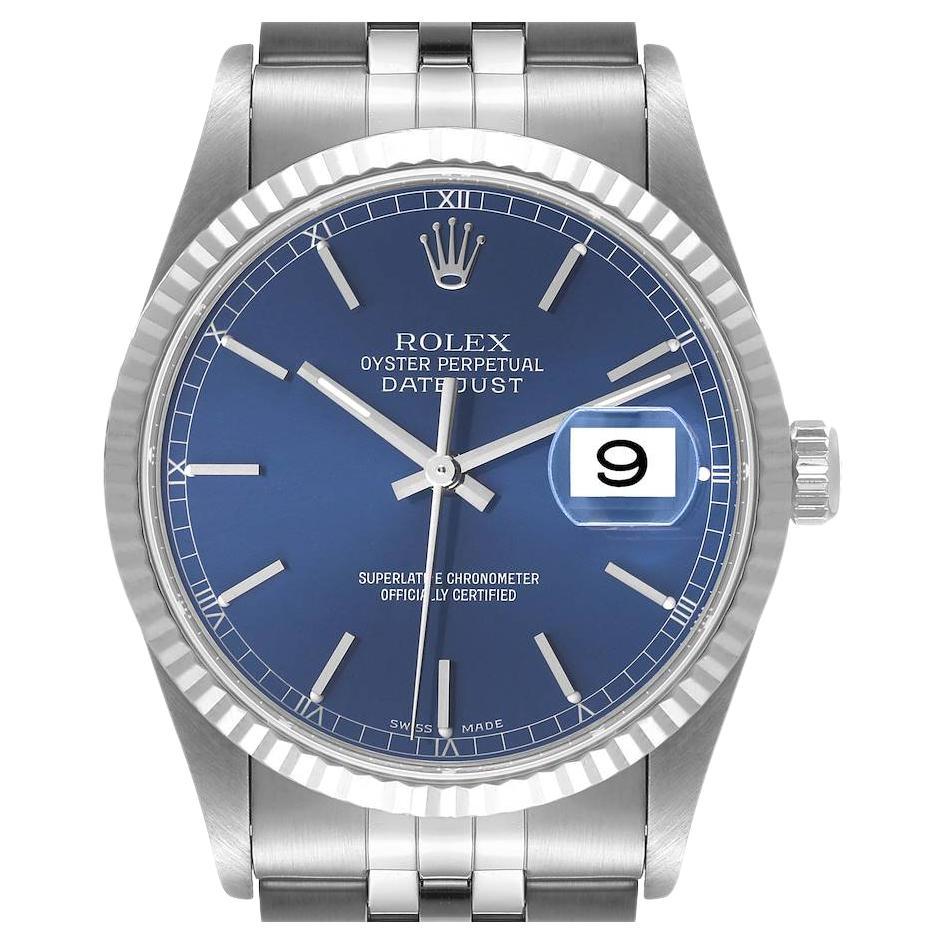 Rolex Datejust Blue Dial Fluted Bezel Steel White Gold Watch 16234