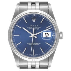 Rolex Datejust Blue Dial Fluted Bezel Steel White Gold Watch 16234