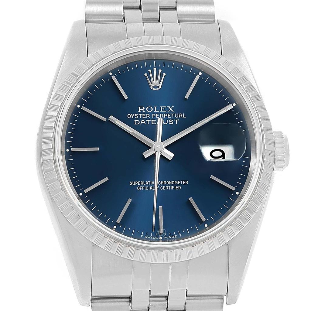 Rolex DateJust Blue Dial Jubilee Bracelet Steel Mens Watch 16220. Officially certified chronometer self-winding movement. Stainless steel oyster case 34 mm in diameter. Rolex logo on a crown. Stainless steel engine turned bezel. Scratch resistant