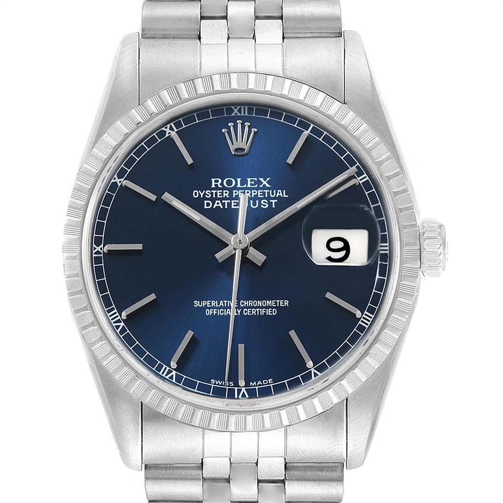 Rolex DateJust Blue Dial Jubilee Bracelet Steel Mens Watch 16220. Officially certified chronometer self-winding movement. Stainless steel oyster case 34 mm in diameter. Rolex logo on a crown. Stainless steel engine turned bezel. Scratch resistant