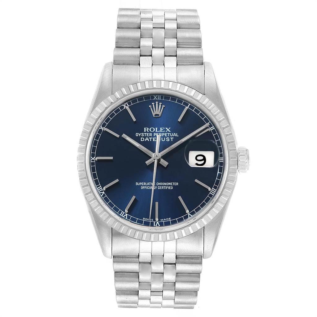 Rolex DateJust Blue Dial Jubilee Bracelet Steel Men's Watch 16220 In Good Condition For Sale In Atlanta, GA