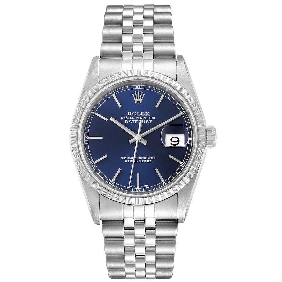 Rolex DateJust Blue Dial Jubilee Bracelet Steel Mens Watch 16220 Papers. Officially certified chronometer self-winding movement. Stainless steel oyster case 36 mm in diameter. Rolex logo on a crown. Stainless steel engine turned bezel. Scratch