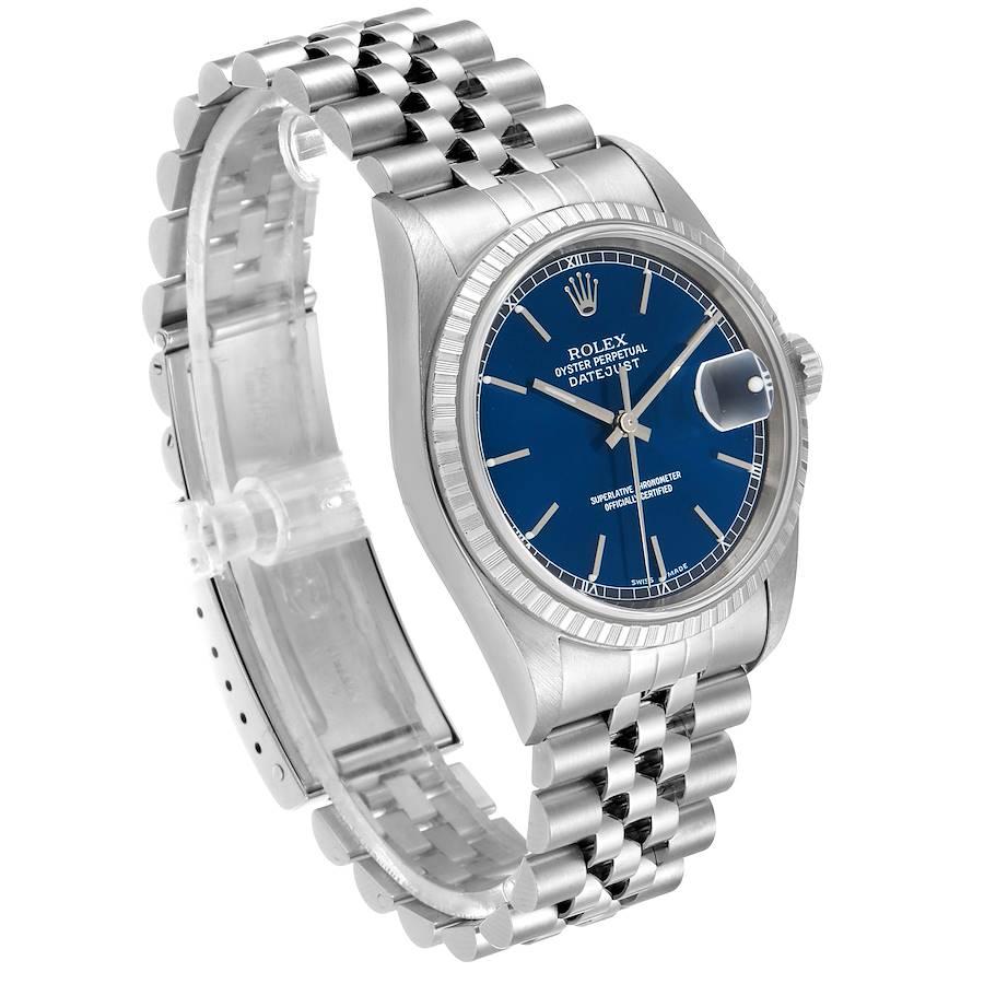 Rolex DateJust Blue Dial Jubilee Bracelet Steel Men's Watch 16220 Papers In Good Condition For Sale In Atlanta, GA