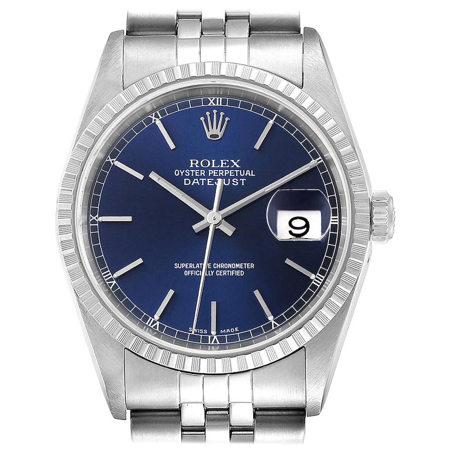 Rolex DateJust Blue Dial Jubilee Bracelet Steel Men's Watch 16220 Papers For Sale