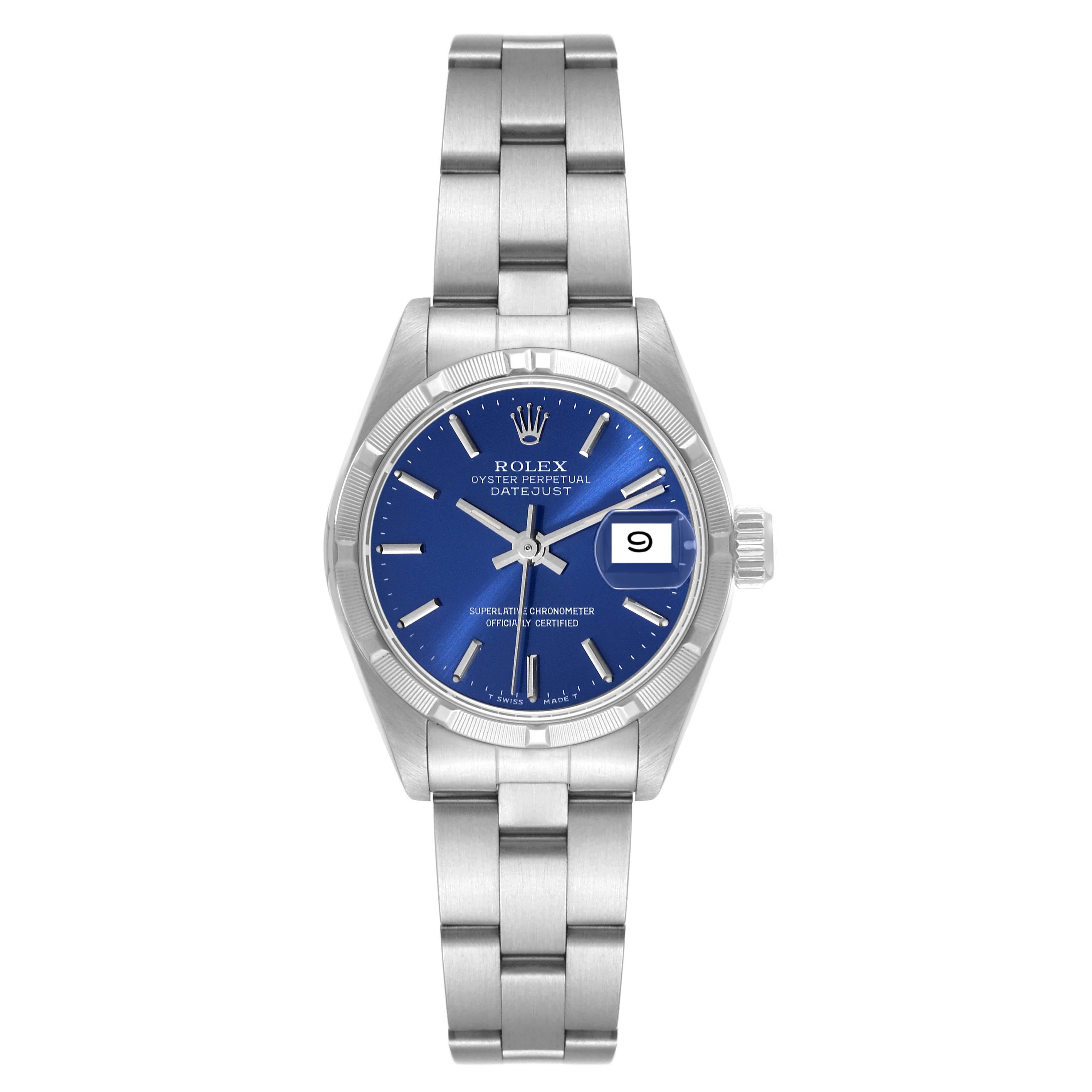 Rolex Datejust Blue Dial Oyster Bracelet Steel Ladies Watch 69190 Box Papers. Officially certified chronometer automatic self-winding movement. Stainless steel oyster case 26.0 mm in diameter. Rolex logo on a crown. Stainless steel engine turned