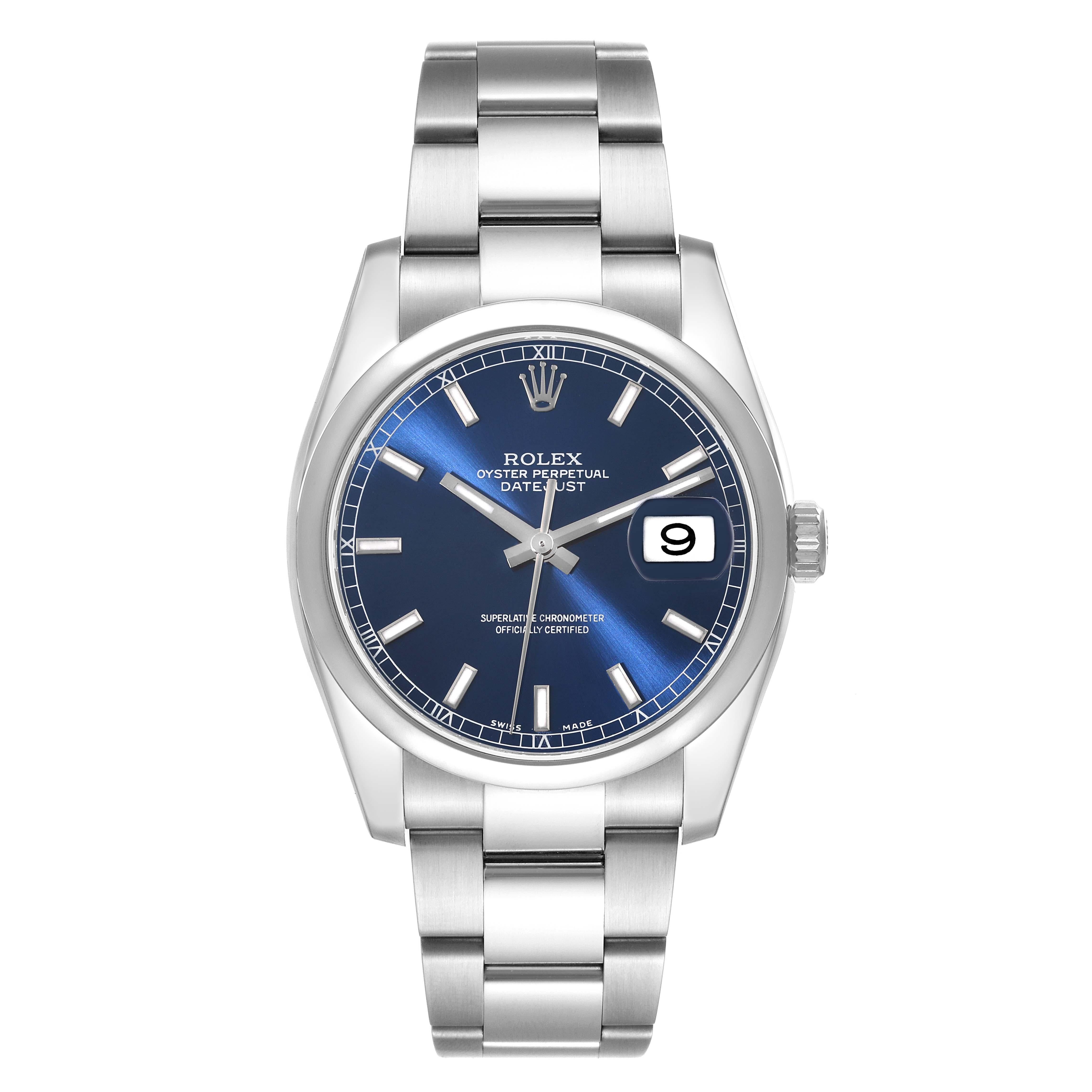 Rolex Datejust Blue Dial Oyster Bracelet Steel Mens Watch 116200 Box Card. Officially certified chronometer self-winding movement. Stainless steel case 36.0 mm in diameter. Rolex logo on a crown. Stainless steel smooth domed bezel. Scratch resistant