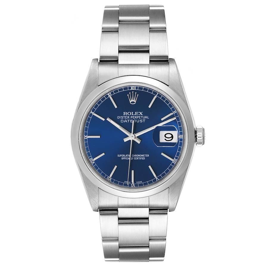 Rolex Datejust Blue Dial Oyster Bracelet Steel Mens Watch 16200 Box Papers. Officially certified chronometer automatic self-winding movement. Stainless steel oyster case 36 mm in diameter. Rolex logo on a crown. Stainless steel smooth domed bezel.