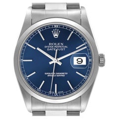 Rolex Datejust Blue Dial Oyster Bracelet Steel Mens Watch 16200 Box Service Card