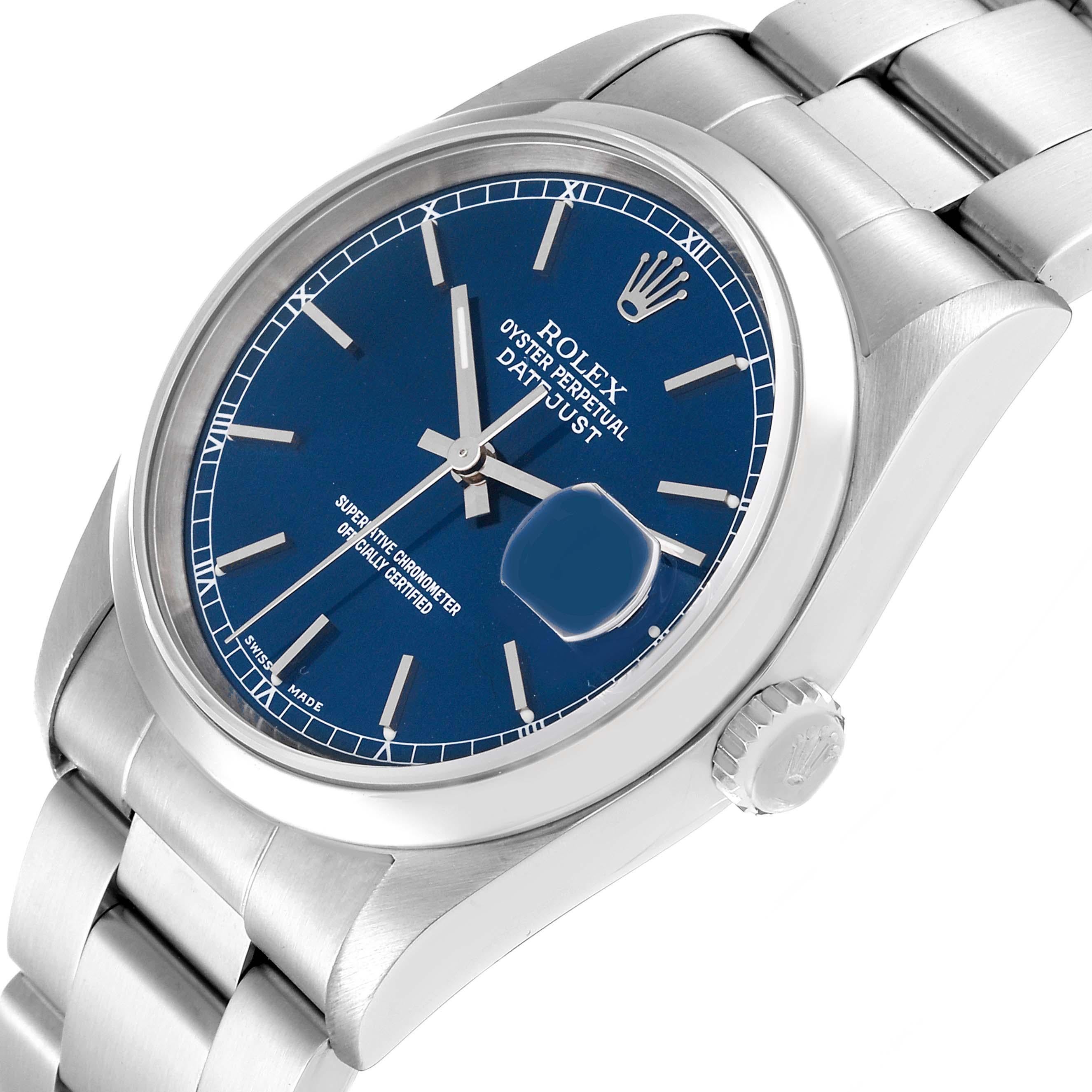Rolex Datejust Blue Dial Smooth Bezel Steel Mens Watch 16200 Box Papers. Officially certified chronometer automatic self-winding movement with quickset date function. Stainless steel oyster case 36mm in diameter. Rolex logo on the crown. Stainless
