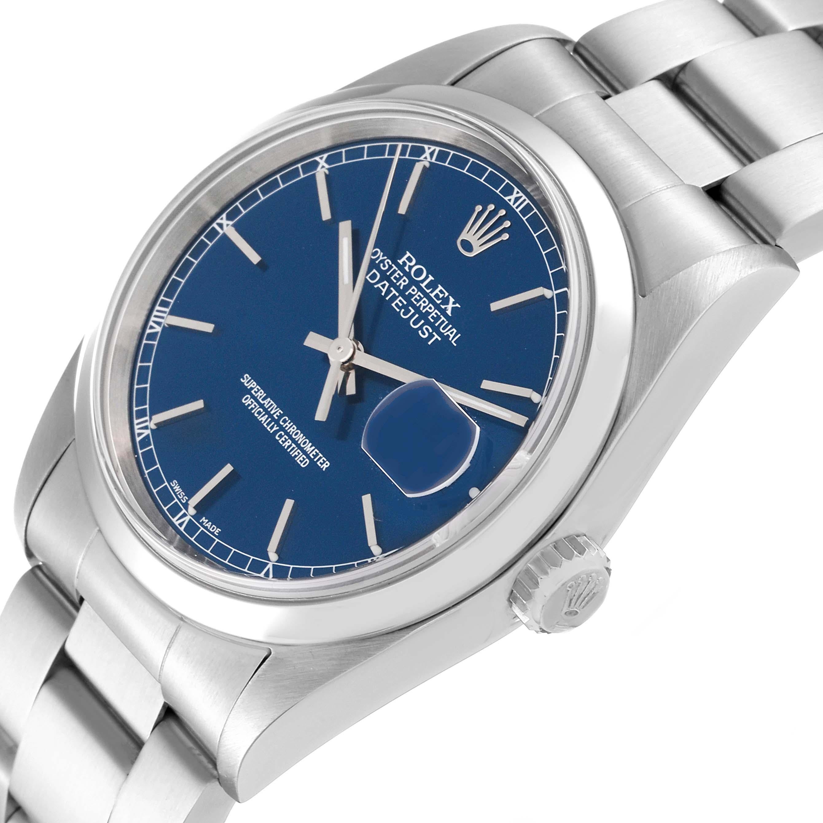 Men's Rolex Datejust Blue Dial Smooth Bezel Steel Mens Watch 16200 Box Papers