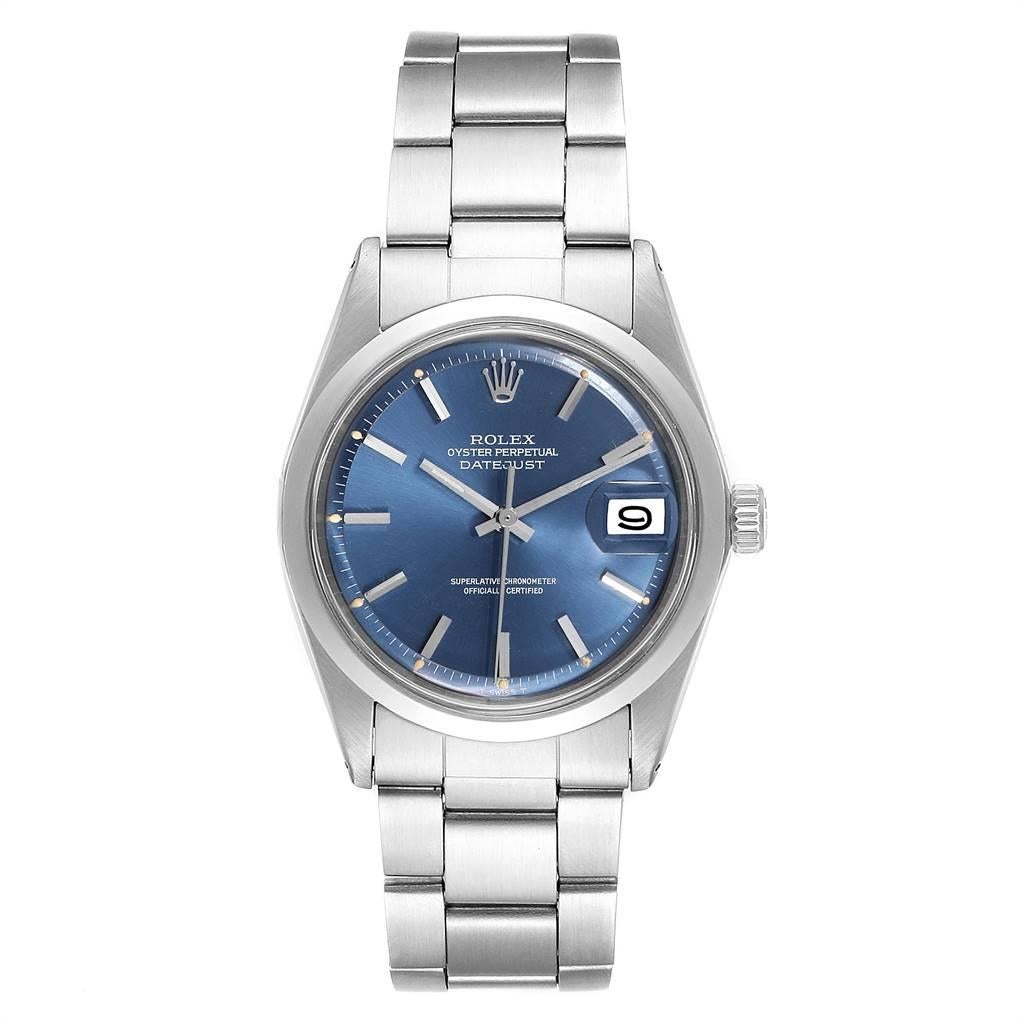 Rolex Datejust Blue Dial Steel Vintage Mens Watch 1600 Box Papers. Officially certified chronometer automatic self-winding movement. Stainless steel case 36 mm in diameter. Rolex logo on a crown. Stainless steel smooth bezel. Acrylic crystal with