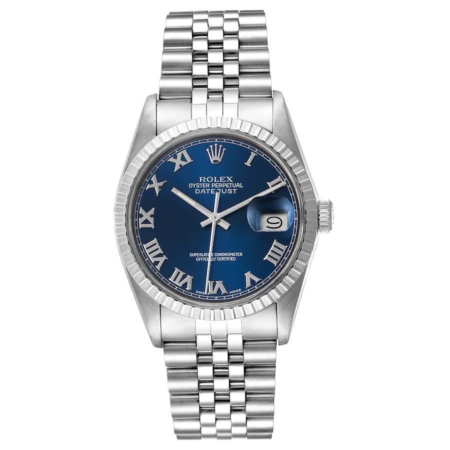 Rolex Datejust Blue Dial Steel Vintage Mens Watch 16030. Officially certified chronometer self-winding movement. Stainless steel oyster case 36.0 mm in diameter. Rolex logo on a crown. Stainless steel engine turned bezel. Acrylic crystal with
