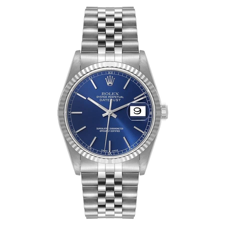 Rolex Datejust Blue Dial Steel White Gold Mens Watch 16234. Officially certified chronometer automatic self-winding movement. Stainless steel oyster case 36 mm in diameter. Rolex logo on the crown. 18k white gold fluted bezel. Scratch resistant