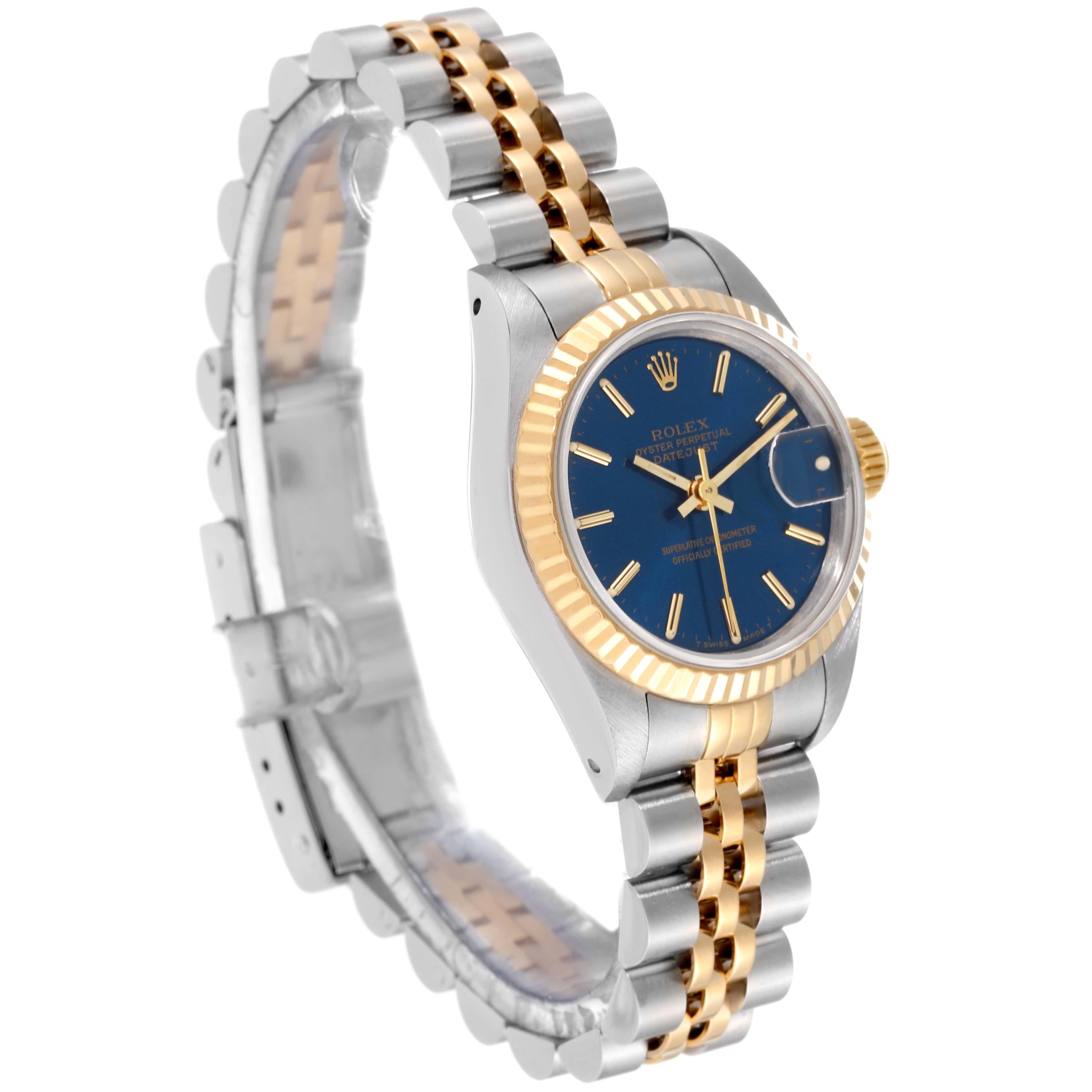 Rolex Datejust Blue Dial Steel Yellow Gold Ladies Watch 69173 In Excellent Condition In Atlanta, GA