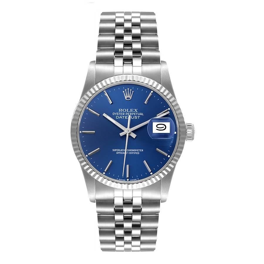 Rolex Datejust Blue Dial Vintage Steel Mens Watch 16030. Officially certified chronometer self-winding movement. Stainless steel oyster case 36 mm in diameter. Rolex logo on a crown. Stainless steel engine turned bezel. Acrylic crystal with cyclops