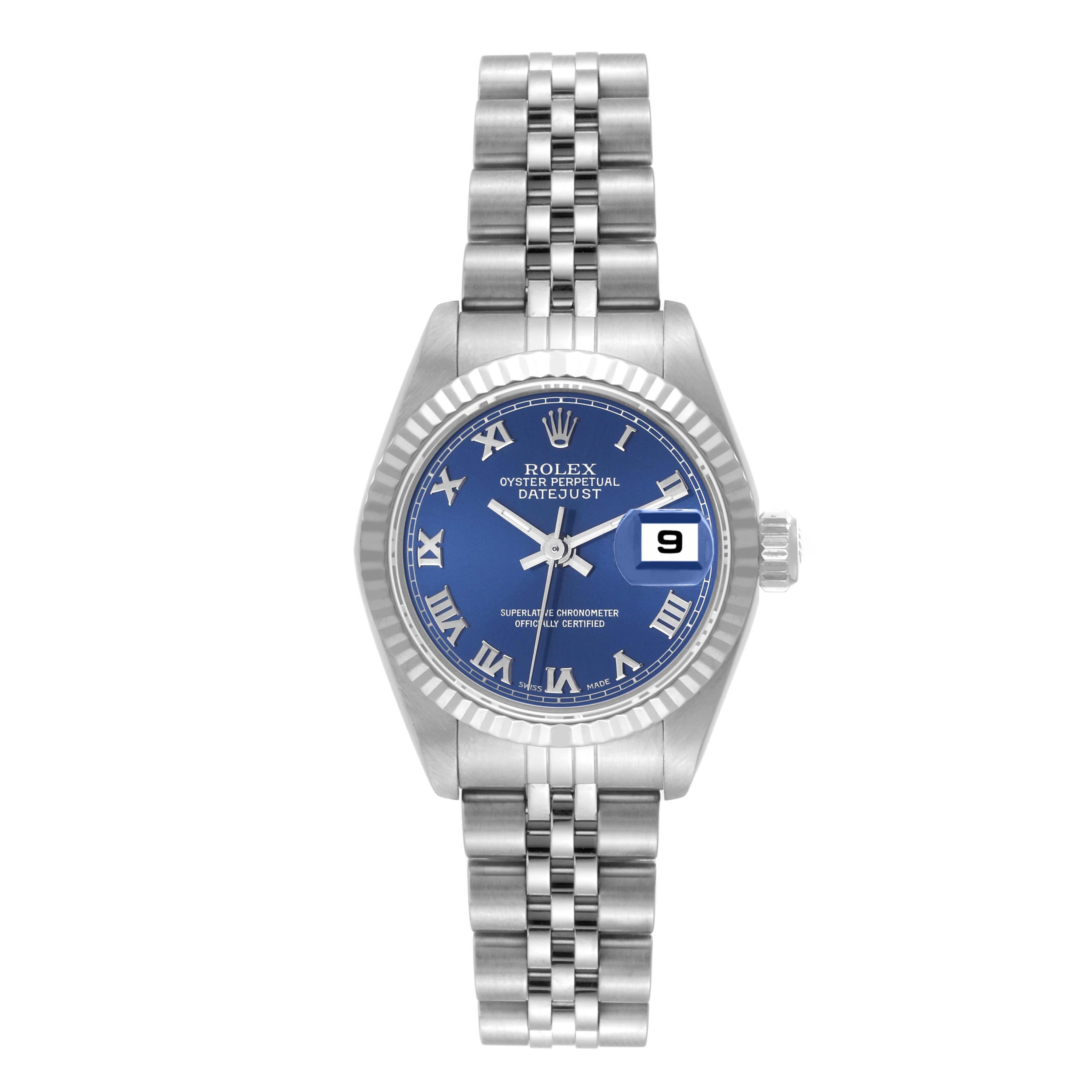 Rolex Datejust Blue Dial White Gold Steel Ladies Watch 79174. Officially certified chronometer automatic self-winding movement. Stainless steel oyster case 26.0 mm in diameter. Rolex logo on the crown. 18k white gold fluted bezel. Scratch resistant
