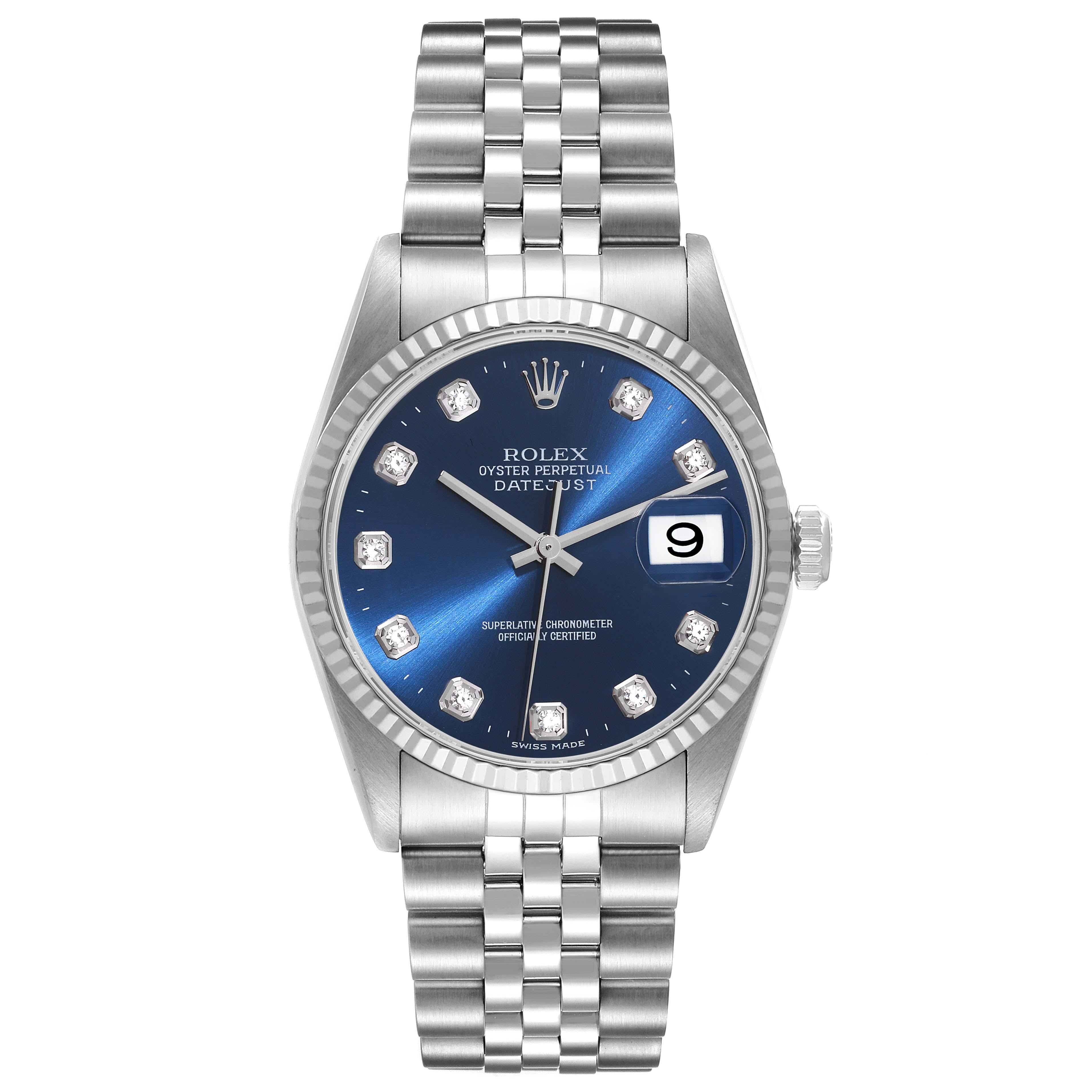 Rolex Datejust Blue Diamond Dial Steel White Gold Mens Watch 16234 Box Papers. Officially certified chronometer automatic self-winding movement. Stainless steel oyster case 36.0 mm in diameter. Rolex logo on a crown. 18k white gold fluted bezel.