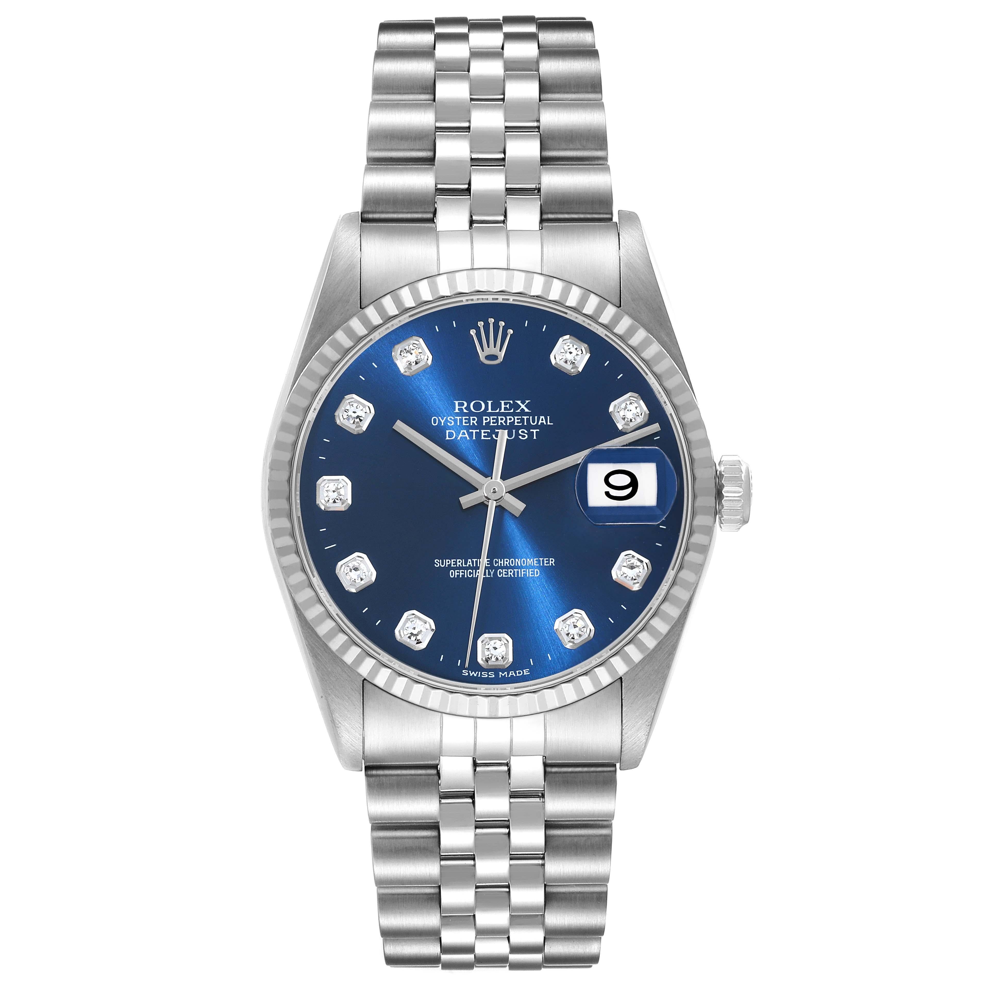 Rolex Datejust Blue Diamond Dial Steel White Gold Mens Watch 16234. Officially certified chronometer automatic self-winding movement. Stainless steel oyster case 36.0 mm in diameter. Rolex logo on a crown. 18k white gold fluted bezel. Scratch