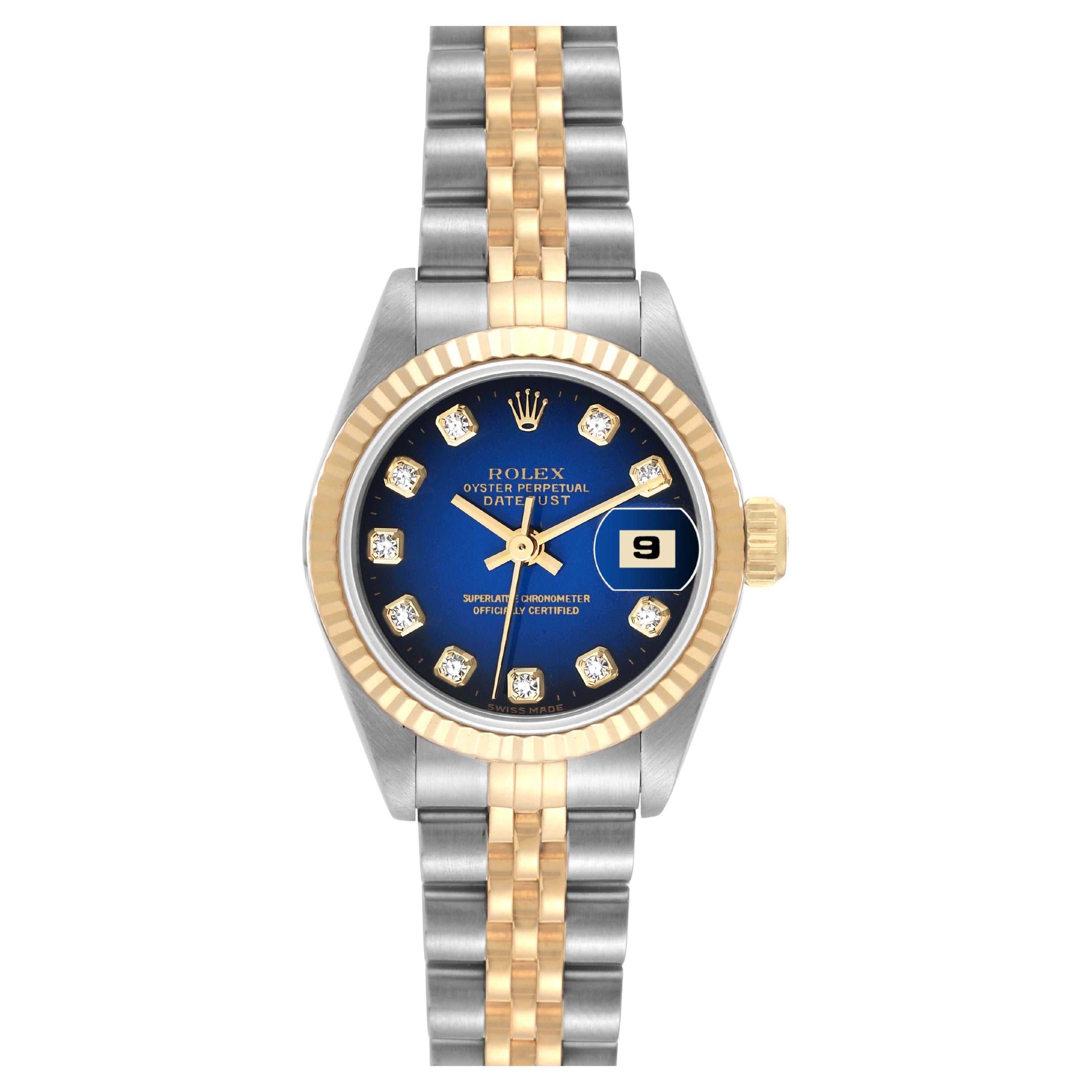 Rolex Datejust Blue Diamond Dial Steel Yellow Gold Ladies Watch 69173 Box Papers