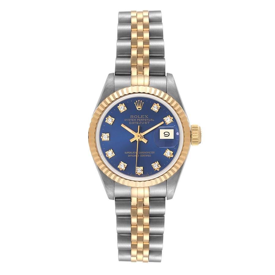 Rolex Datejust Blue Diamond Dial Steel Yellow Gold Damenuhr 69173. Offiziell zertifiziertes Chronometerwerk mit automatischem Aufzug. Austerngehäuse aus Edelstahl mit einem Durchmesser von 26.0 mm. Rolex Logo auf der Krone. Geriffelte Lünette aus 18