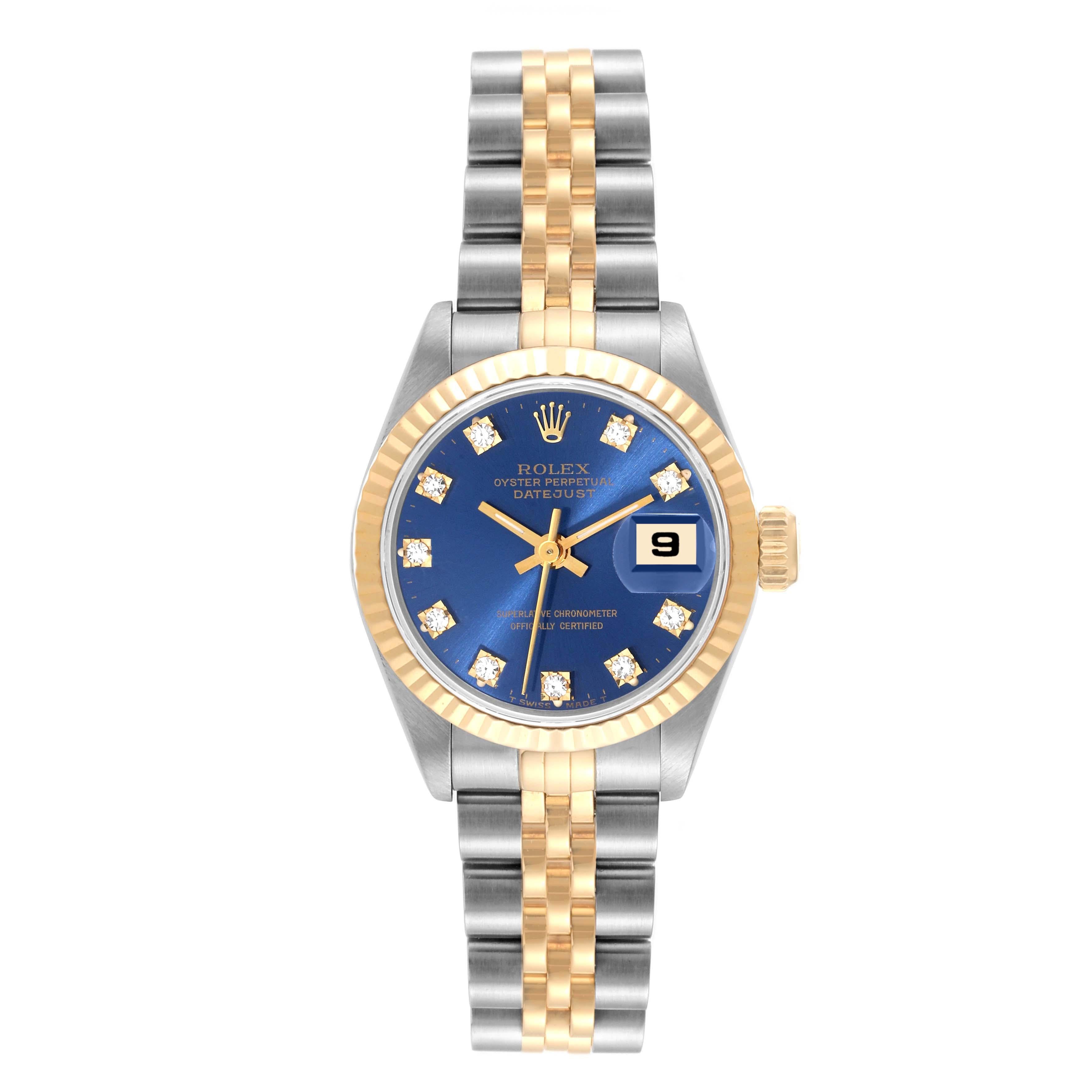 Rolex Datejust Blue Diamond Dial Steel Yellow Gold Ladies Watch 69173. Officially certified chronometer automatic self-winding movement. Stainless steel oyster case 26.0 mm in diameter. Rolex logo on the crown. 18k yellow gold fluted bezel. Scratch