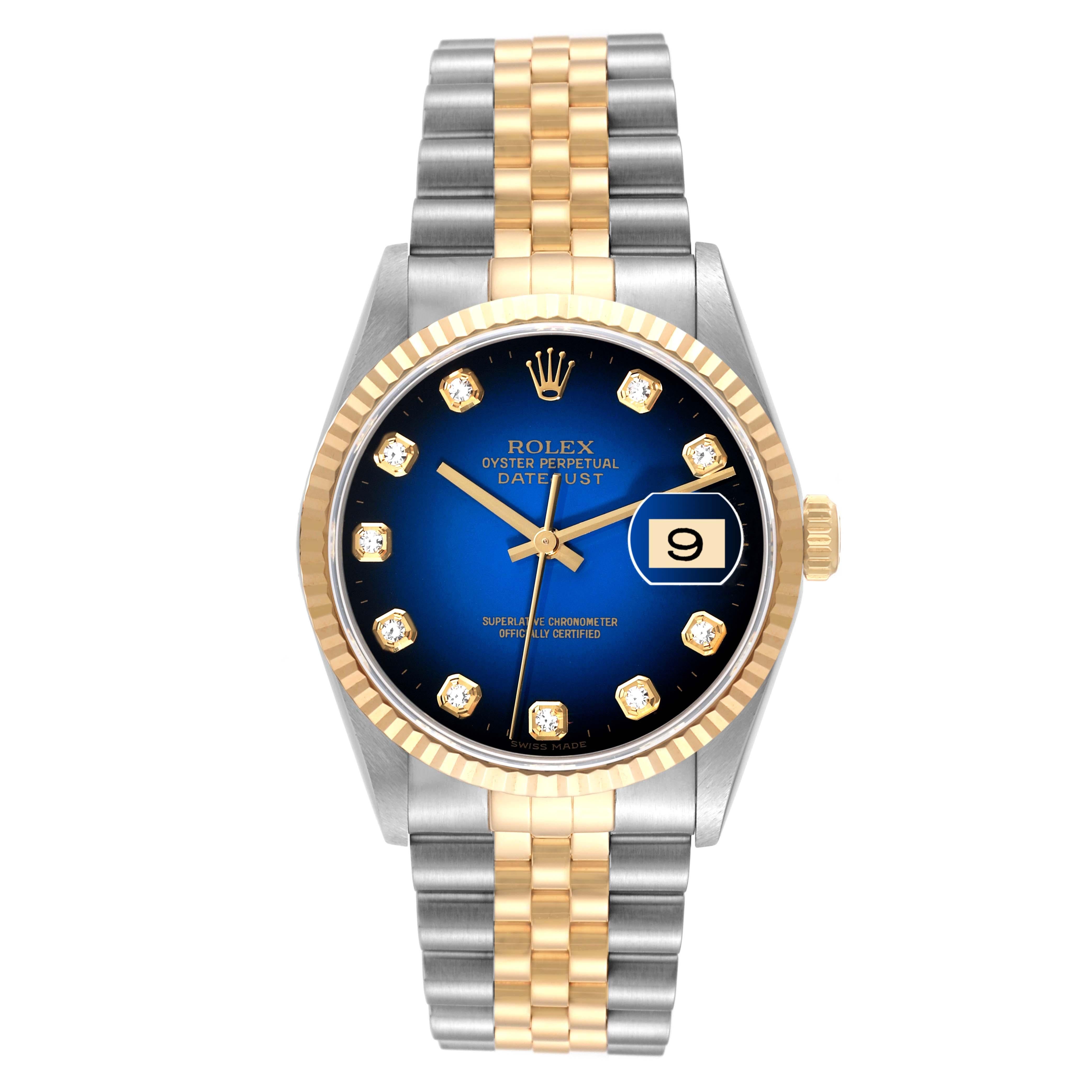 Rolex Datejust Blue Diamond Dial Steel Yellow Gold Mens Watch 16233 Box Papers. Officially certified chronometer automatic self-winding movement. Stainless steel case 36.0 mm in diameter.  Rolex logo on an 18K yellow gold crown. 18k yellow gold