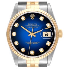 Rolex Datejust Blue Diamond Dial Steel Yellow Gold Mens Watch 16233 Box Papers
