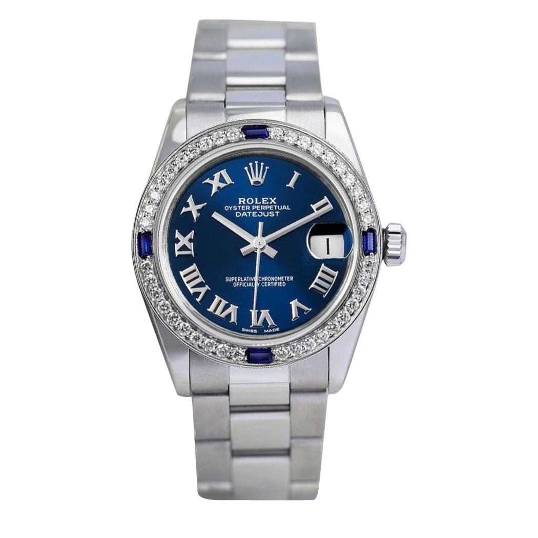 Rolex Montre Datejust bleue à cadran romain, lunette saphir et diamants