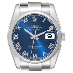 Rolex Datejust blau römisches Zifferblatt Oyster Armband Stahl Herrenuhr 116200 Box Karte