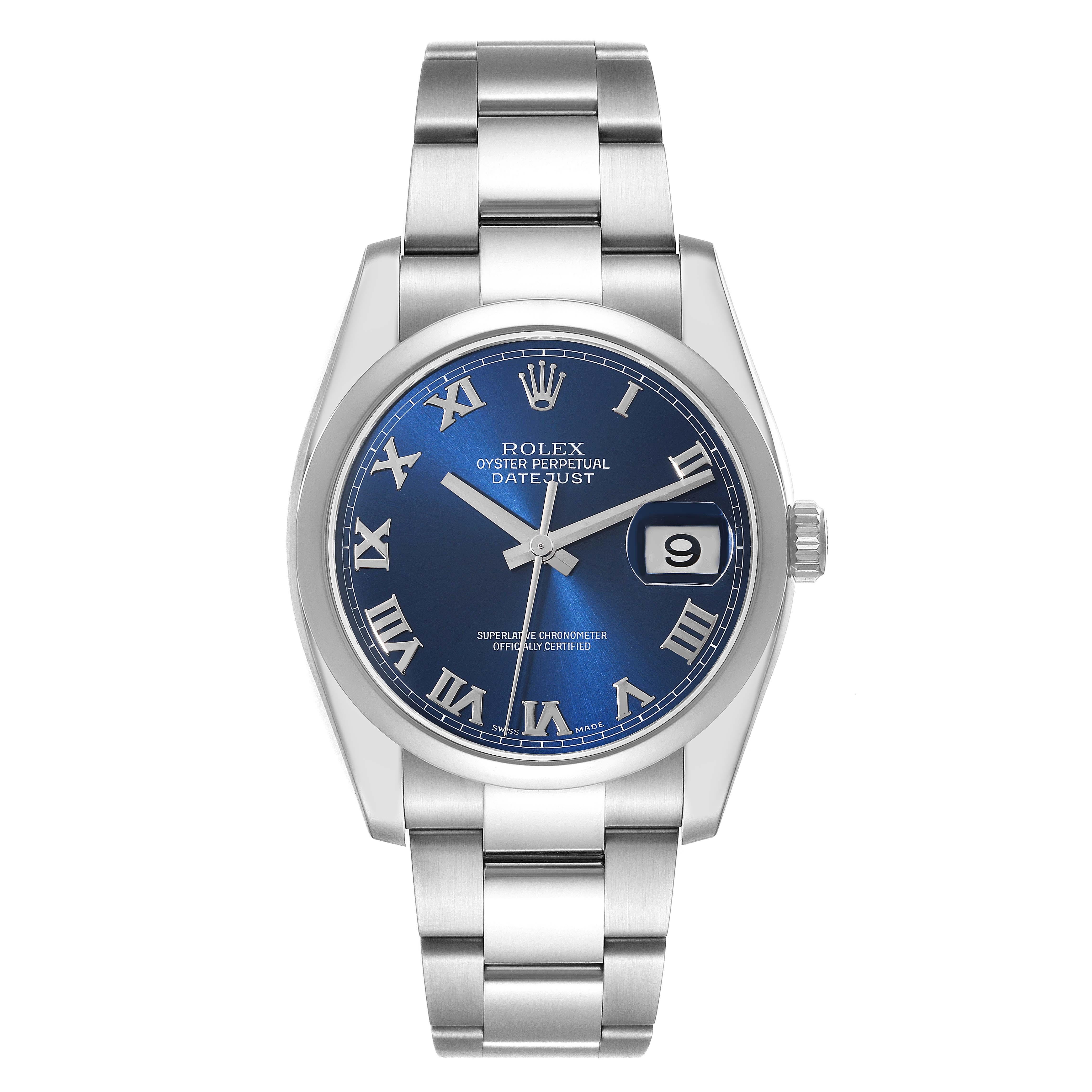 Rolex Datejust Blue Roman Dial Oyster Bracelet Steel Mens Watch 116200. Officially certified chronometer self-winding movement. Stainless steel case 36.0 mm in diameter. Rolex logo on a crown. Stainless steel smooth domed bezel. Scratch resistant