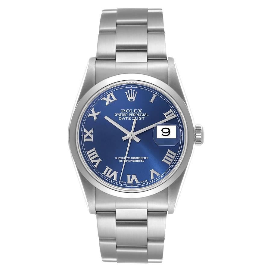 Rolex Datejust Blue Roman Dial Smooth Bezel Steel Mens Watch 16200 Box Papers. Mouvement automatique à remontage automatique, officiellement certifié chronomètre. Boîtier oyster en acier inoxydable de 36 mm de diamètre. Logo Rolex sur la couronne.