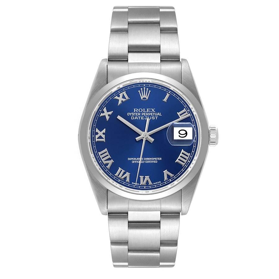 Rolex Datejust Blue Roman Dial Smooth Bezel Steel Mens Watch 16200. Officially certified chronometer automatic self-winding movement. Stainless steel oyster case 36 mm in diameter. Rolex logo on the crown. Stainless steel smooth bezel. Scratch