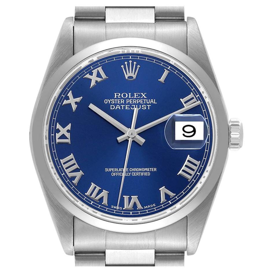 Rolex Datejust Blue Roman Dial Smooth Bezel Steel Mens Watch 16200