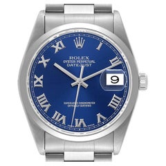 Rolex Datejust Blue Roman Dial Smooth Bezel Steel Mens Watch 16200